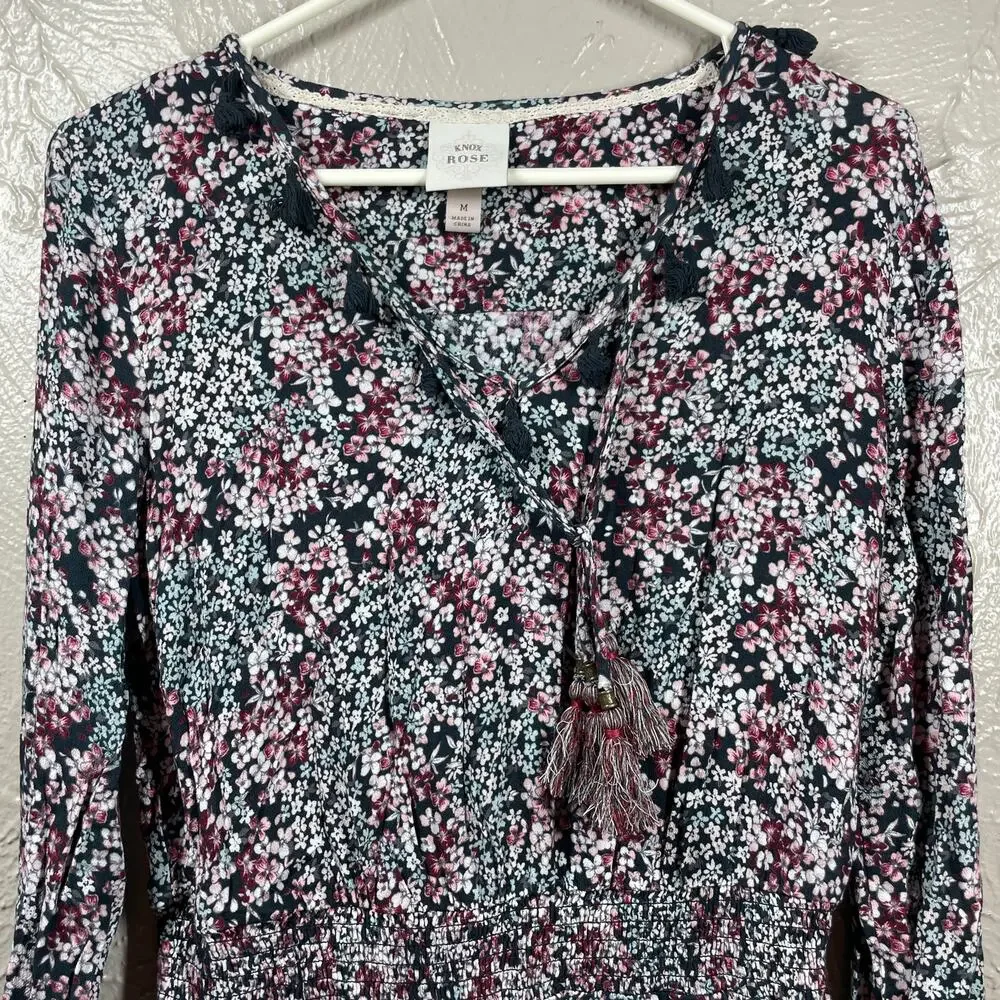 Knox‎ Rose Womens Black pink floral Casual Dress tassels size medium